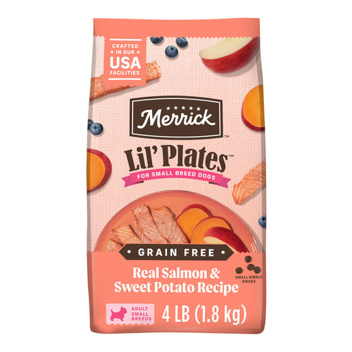 Merrick Lil' Plates Grain Free Real Salmon & Sweet Potatoes Recipe Dry Dog Food — manufacturer recipe packaging