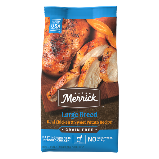 Merrick Grain Free Large Breed Real Chicken & Sweet Potato Recipe Dry Dog Food — manufacturer recipe packaging