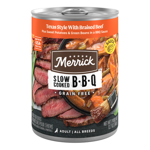 Merrick Slow-Cooked BBQ Texas Style with Braised Beef Wet Dog Food — manufacturer recipe packaging; individual container shown, sold by the full case