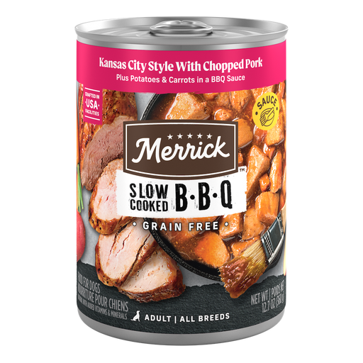 Merrick Slow-Cooked BBQ Kansas City Style with Chopped Pork Wet Dog Food — manufacturer recipe packaging; individual container shown, sold by the full case