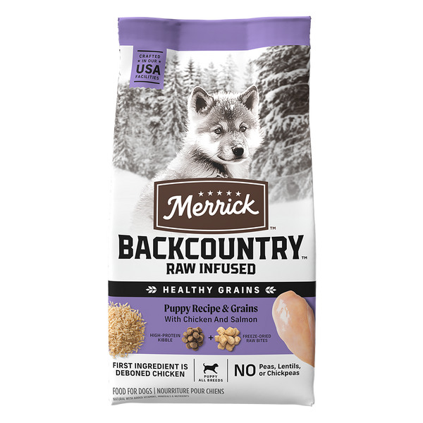 Merrick Backcountry Raw Infused Puppy Recipe With Healthy Grains Dry Dog Food — manufacturer recipe packaging