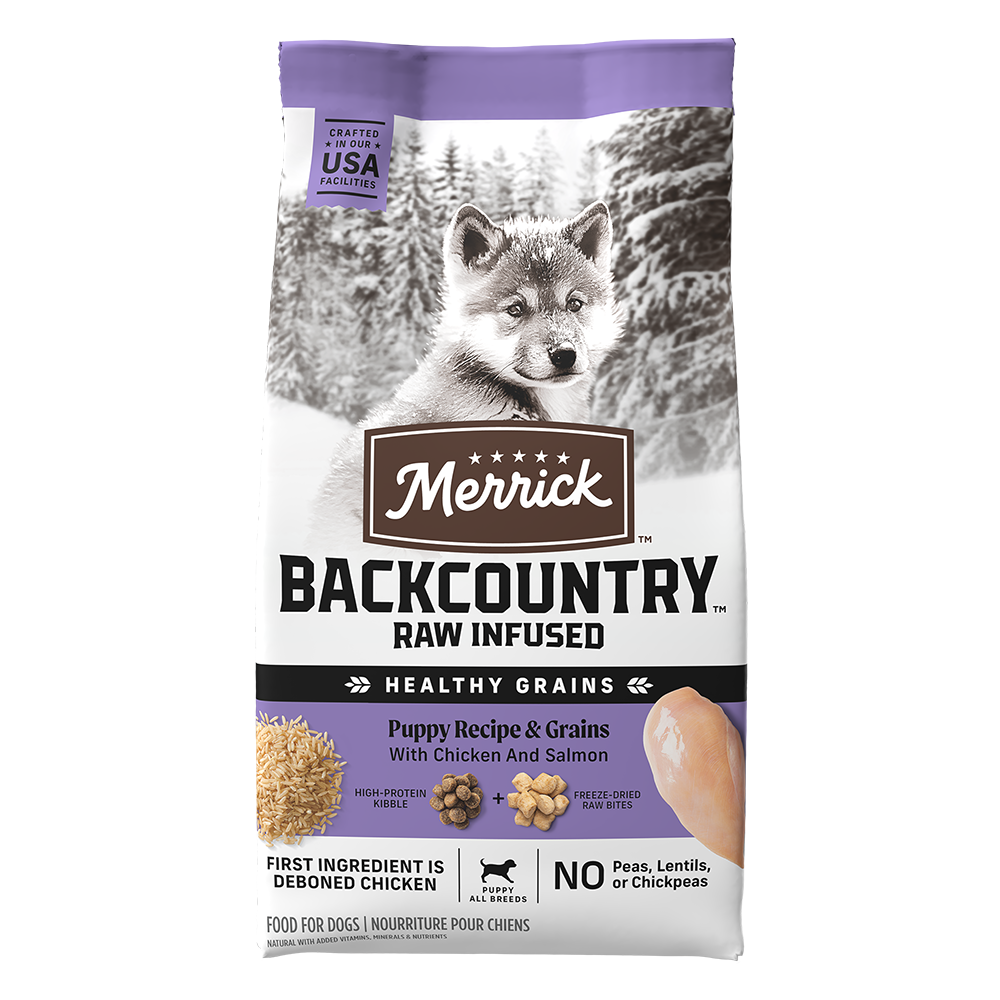 Merrick Backcountry Raw Infused Puppy Recipe With Healthy Grains Dry Dog Food — manufacturer recipe packaging