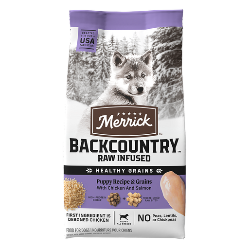 Merrick Backcountry Raw Infused Puppy Recipe With Healthy Grains Dry Dog Food — manufacturer recipe packaging