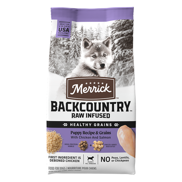 Merrick Backcountry Raw Infused Puppy Recipe With Healthy Grains Dry Dog Food — manufacturer recipe packaging