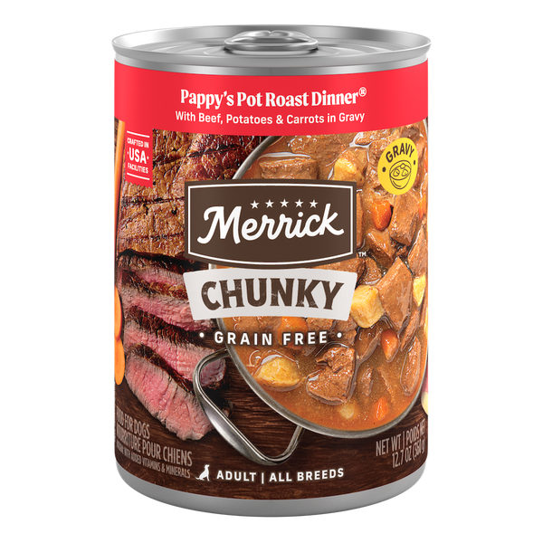 Merrick Chunky Grain Free Pappy's Pot Roast Dinner in Gravy — manufacturer recipe packaging; individual container shown, sold by the full case