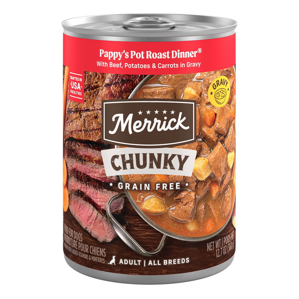 Merrick Chunky Grain Free Pappy's Pot Roast Dinner in Gravy — manufacturer recipe packaging; individual container shown, sold by the full case