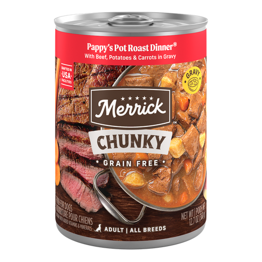 Merrick Chunky Grain Free Pappy's Pot Roast Dinner in Gravy — manufacturer recipe packaging; individual container shown, sold by the full case