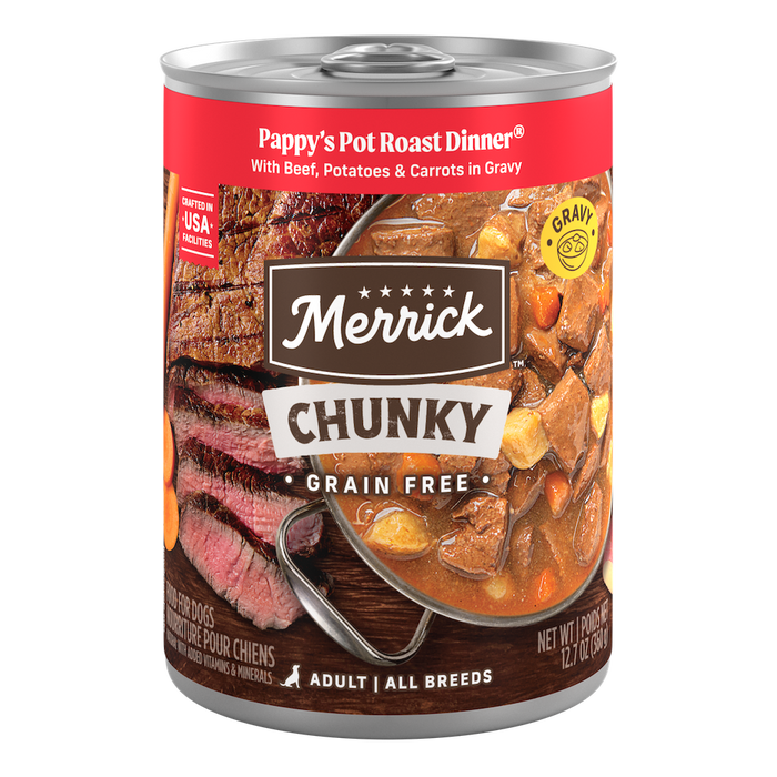 Merrick Chunky Grain Free Pappy's Pot Roast Dinner in Gravy — manufacturer recipe packaging; individual container shown, sold by the full case