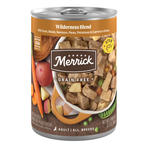 Merrick Wilderness Blend in Gravy Grain Free Wet Dog Food — manufacturer recipe packaging; individual container shown, sold by the full case