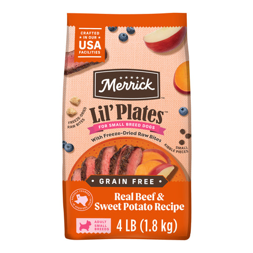 Merrick Lil' Plates Grain Free Real Beef & Sweet Potato with Raw Bites Recipe Dry Dog Food — manufacturer recipe packaging