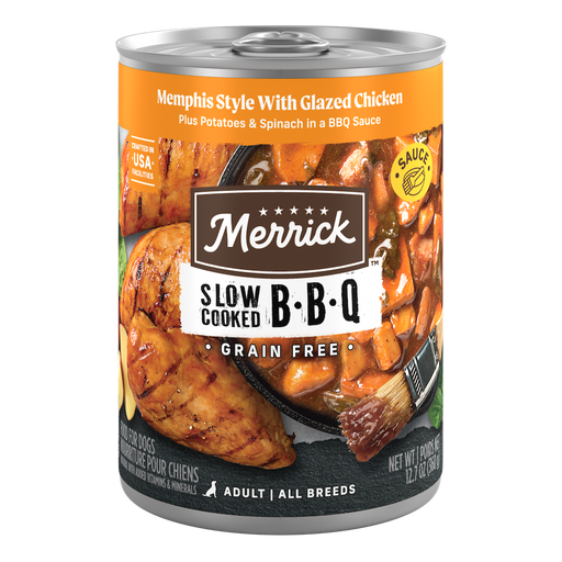 Merrick Slow-Cooked BBQ Memphis Style with Glazed Chicken Wet Dog Food — manufacturer recipe packaging; individual container shown, sold by the full case