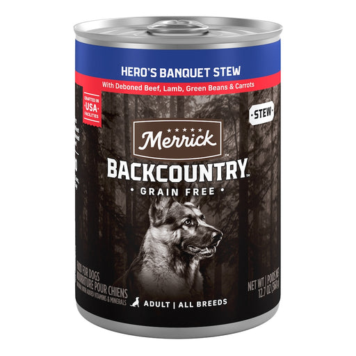 Merrick Backcountry Grain Free Hero's Banquet Stew — manufacturer recipe packaging; individual container shown, sold by the full case