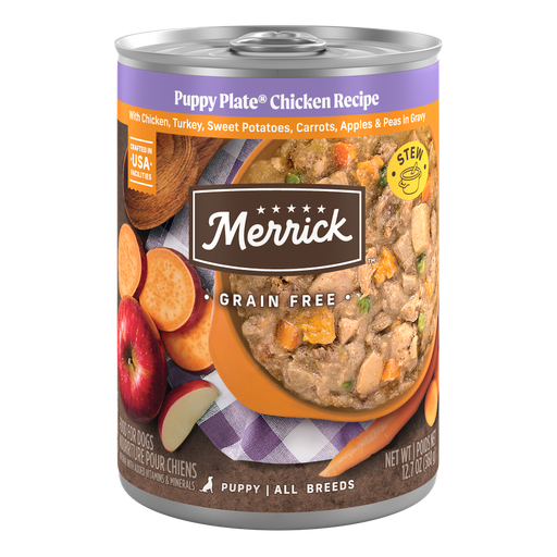 Merrick Grain Free Puppy Plate Chicken Recipe In Gravy — manufacturer recipe packaging; individual container shown, sold by the full case