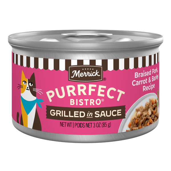 Merrick Purrfect Bistro Braised Pork, Carrot and Barley Grilled in Gravy High Protein Wet Cat Food — manufacturer recipe packaging; individual container shown, sold by the full case