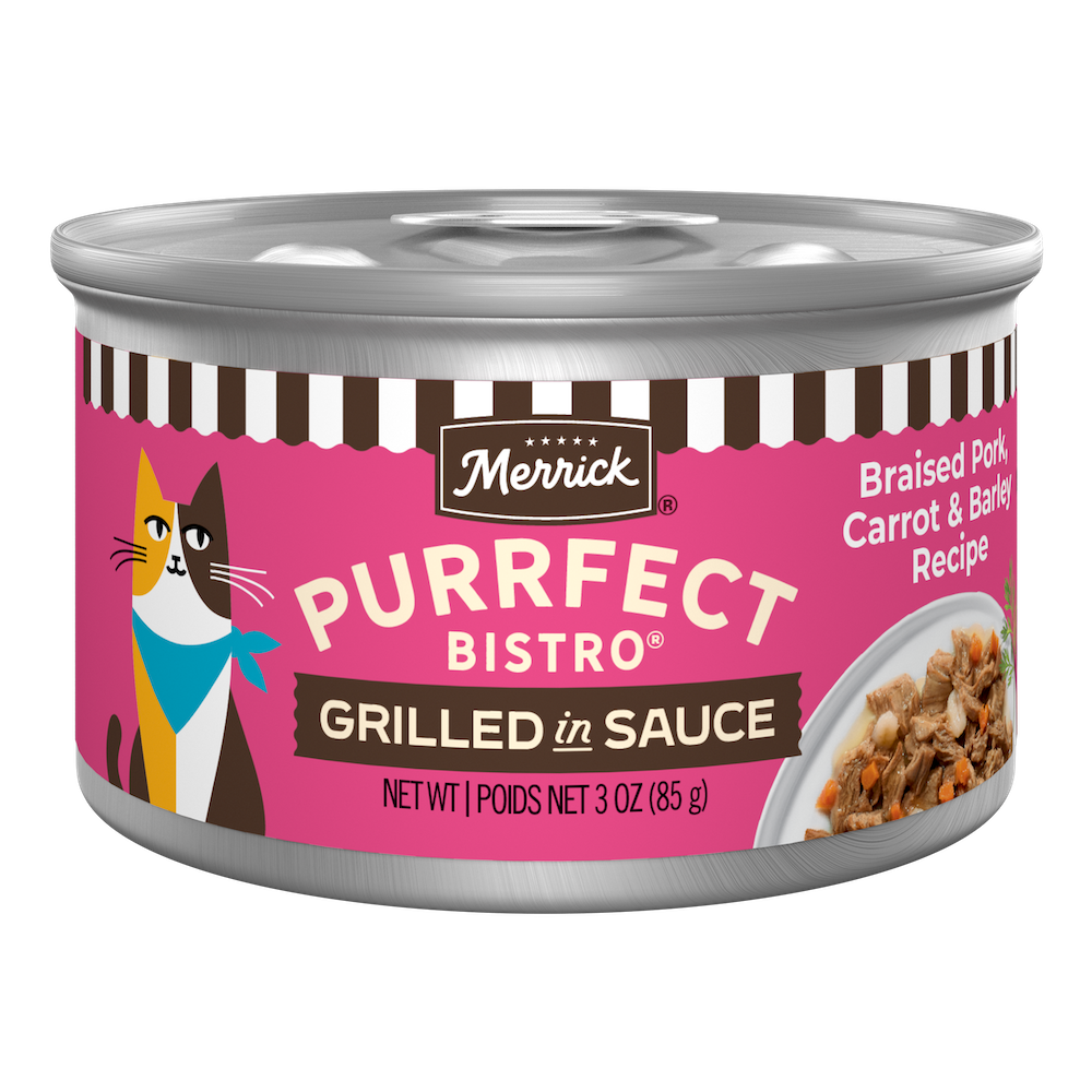 Merrick Purrfect Bistro Braised Pork, Carrot and Barley Grilled in Gravy High Protein Wet Cat Food — manufacturer recipe packaging; individual container shown, sold by the full case