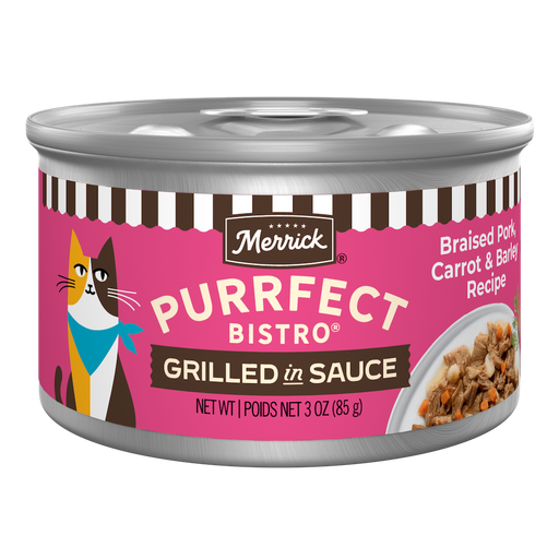 Merrick Purrfect Bistro Braised Pork, Carrot and Barley Grilled in Gravy High Protein Wet Cat Food — manufacturer recipe packaging; individual container shown, sold by the full case