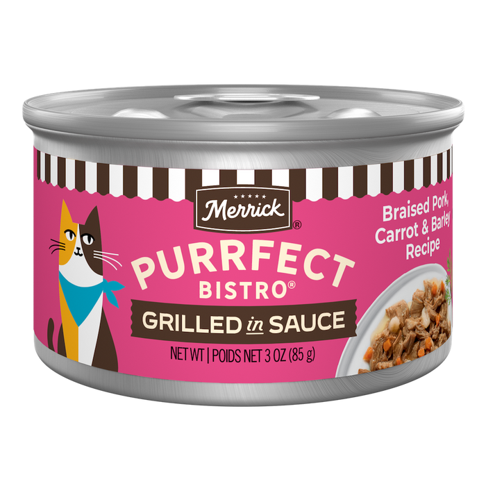 Merrick Purrfect Bistro Braised Pork, Carrot and Barley Grilled in Gravy High Protein Wet Cat Food — manufacturer recipe packaging; individual container shown, sold by the full case