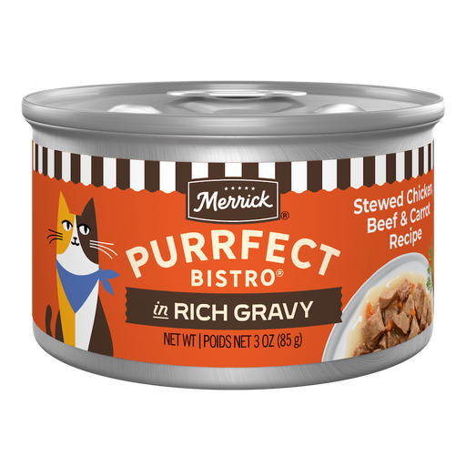 Merrick Purrfect Bistro Stewed Chicken, Beef and Carrot in Gravy Natural High Protein Wet Cat Food — manufacturer recipe packaging; individual container shown, sold by the full case
