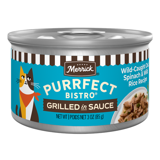 Merrick Purrfect Bistro Wild-Caught Cod, Spinach and Wild Rice Grilled in Gravy Natural High Protein Wet Cat Food — manufacturer recipe packaging; individual container shown, sold by the full case