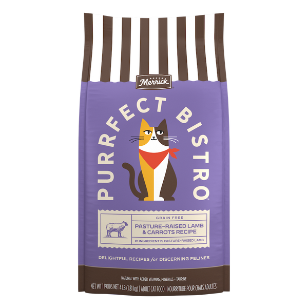 Merrick Purrfect Bistro Grain Free Pasture-Raised Lamb and Carrots Natural High Protein Dry Cat Food — manufacturer recipe packaging