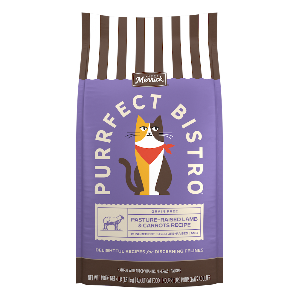 Merrick Purrfect Bistro Grain Free Pasture-Raised Lamb and Carrots Natural High Protein Dry Cat Food — manufacturer recipe packaging