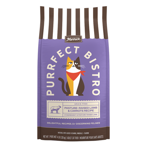 Merrick Purrfect Bistro Grain Free Pasture-Raised Lamb and Carrots Natural High Protein Dry Cat Food — manufacturer recipe packaging