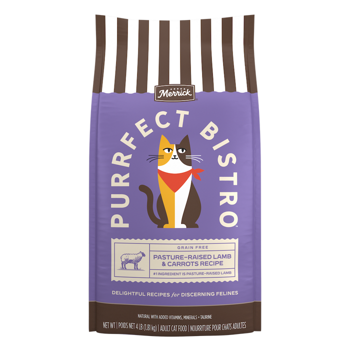 Merrick Purrfect Bistro Grain Free Pasture-Raised Lamb and Carrots Natural High Protein Dry Cat Food — manufacturer recipe packaging