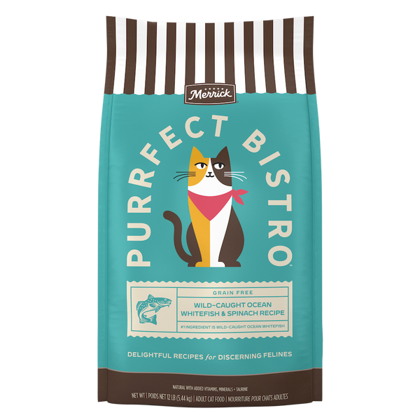 Merrick Purrfect Bistro Grain Free Wild-Caught Ocean Whitefish and Spinach Natural High Protein Dry Cat Food — manufacturer recipe packaging