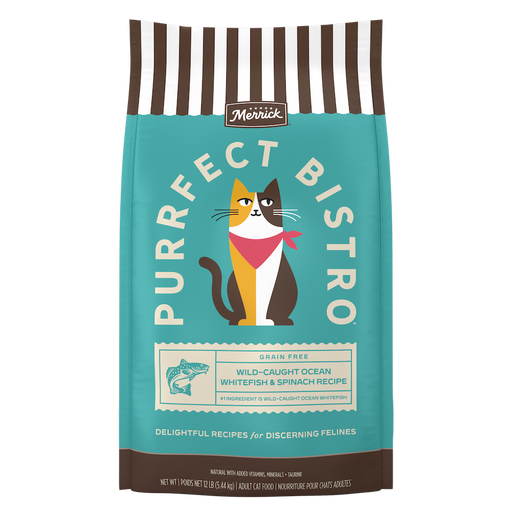 Merrick Purrfect Bistro Grain Free Wild-Caught Ocean Whitefish and Spinach Natural High Protein Dry Cat Food — manufacturer recipe packaging