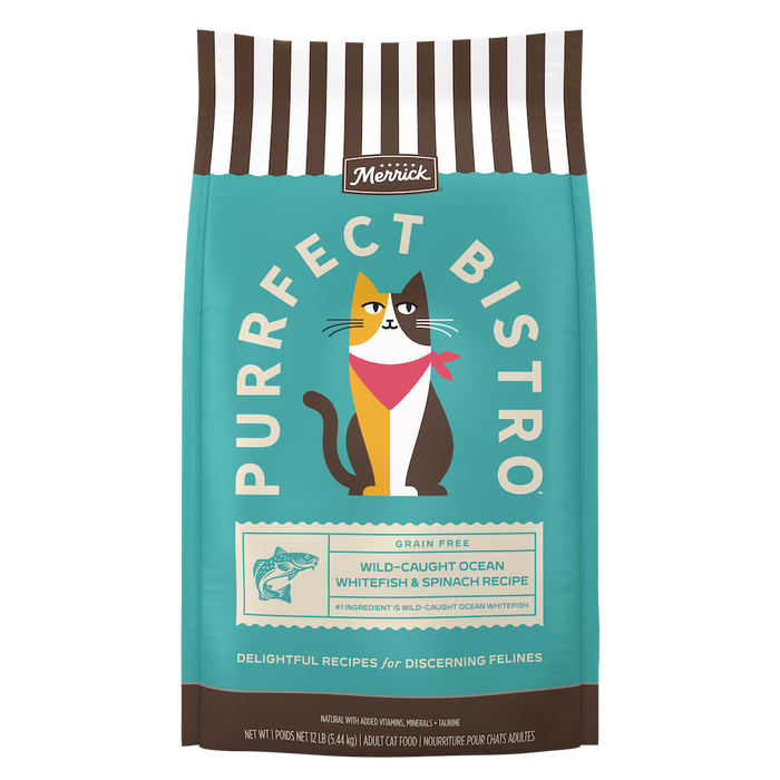 Merrick Purrfect Bistro Grain Free Wild-Caught Ocean Whitefish and Spinach Natural High Protein Dry Cat Food — manufacturer recipe packaging