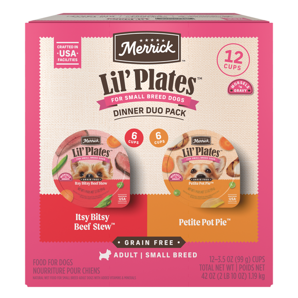 Merrick Lil’ Plates Dinner Duo 12 Tray Variety Pack - Itsy Bitsy Beef Stew + Petite Pot Pie — manufacturer recipe packaging