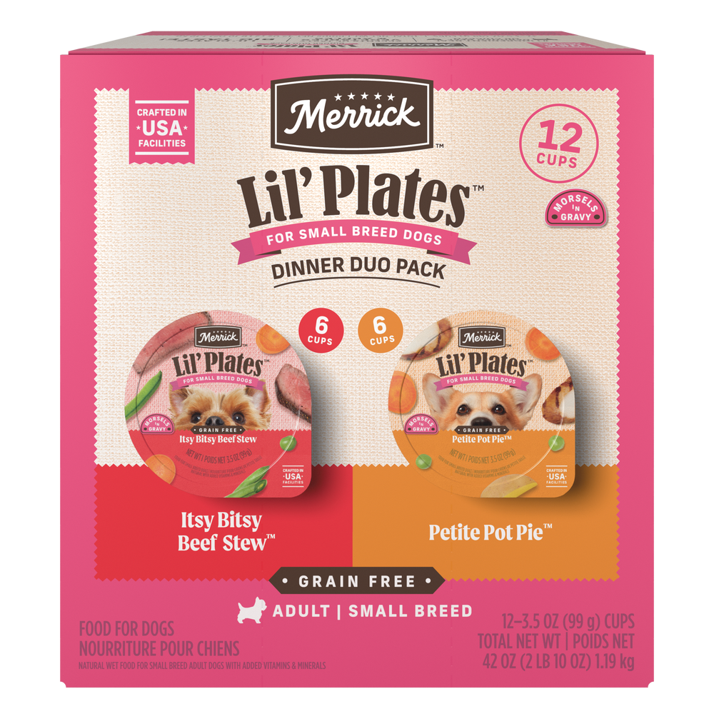 Merrick Lil’ Plates Dinner Duo 12 Tray Variety Pack - Itsy Bitsy Beef Stew + Petite Pot Pie — manufacturer recipe packaging