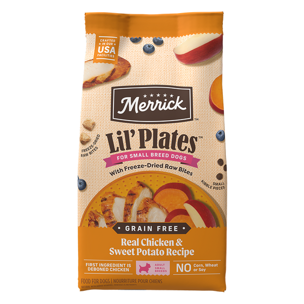 Merrick Lil’ Plates Grain Free Real Chicken & Sweet Potato Recipe With Freeze-Dried Raw Bites Dry Dog Food — manufacturer recipe packaging