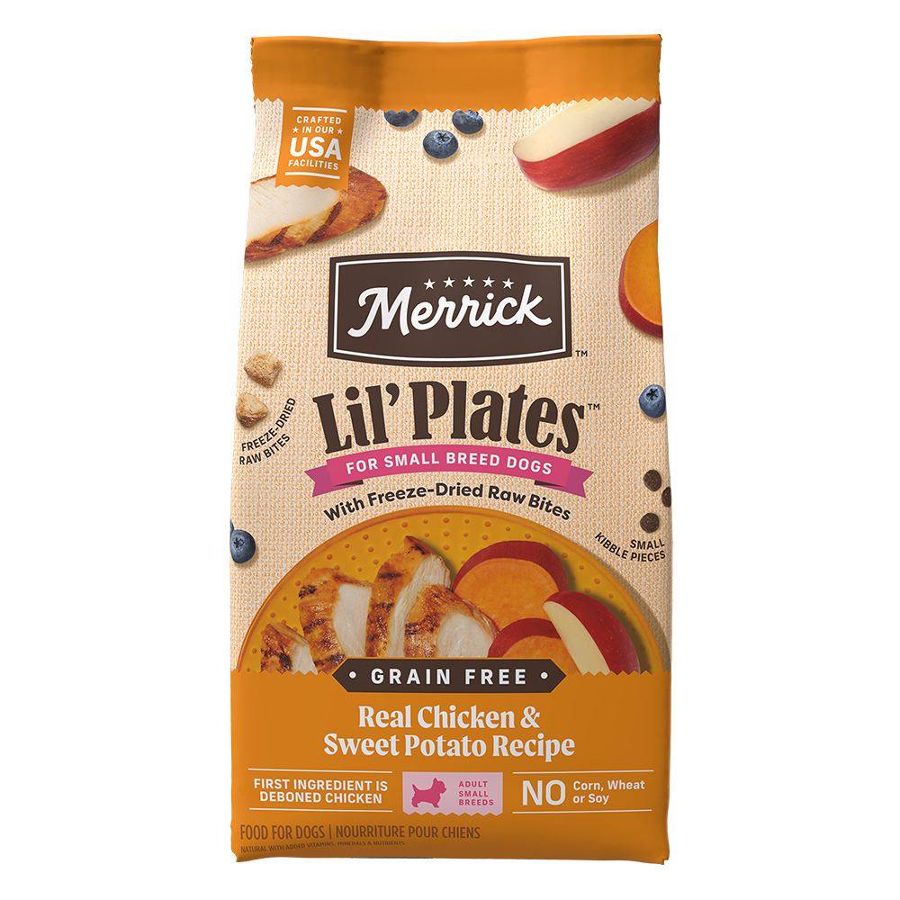 Merrick Lil’ Plates Grain Free Real Chicken & Sweet Potato Recipe With Freeze-Dried Raw Bites Dry Dog Food — manufacturer recipe packaging
