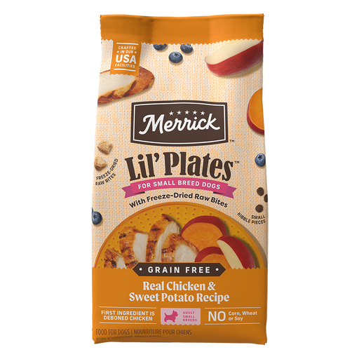 Merrick Lil’ Plates Grain Free Real Chicken & Sweet Potato Recipe With Freeze-Dried Raw Bites Dry Dog Food — manufacturer recipe packaging