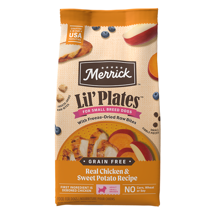 Merrick Lil’ Plates Grain Free Real Chicken & Sweet Potato Recipe With Freeze-Dried Raw Bites Dry Dog Food — manufacturer recipe packaging