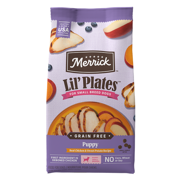 Merrick Lil' Plates Grain Free Puppy Real Chicken & Sweet Potato Recipe Dry Dog Food — manufacturer recipe packaging