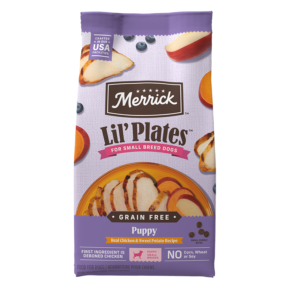 Merrick Lil' Plates Grain Free Puppy Real Chicken & Sweet Potato Recipe Dry Dog Food — manufacturer recipe packaging
