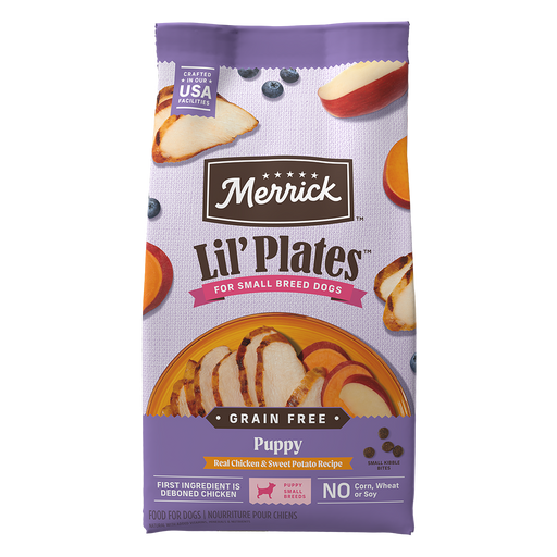 Merrick Lil' Plates Grain Free Puppy Real Chicken & Sweet Potato Recipe Dry Dog Food — manufacturer recipe packaging
