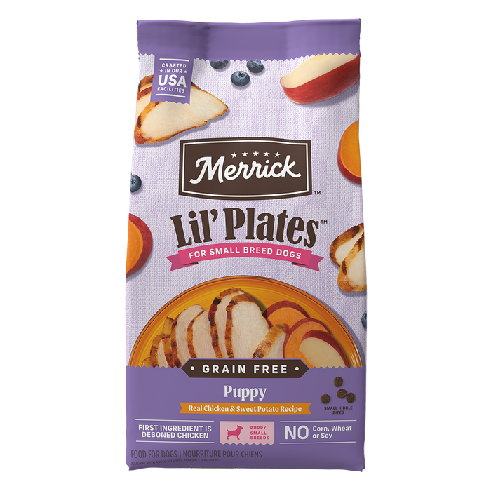 Merrick Lil' Plates Grain Free Puppy Real Chicken & Sweet Potato Recipe Dry Dog Food — manufacturer recipe packaging
