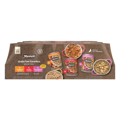 Merrick Grain Free Favorites 12 Can Variety Pack Wet Dog Food — manufacturer recipe packaging