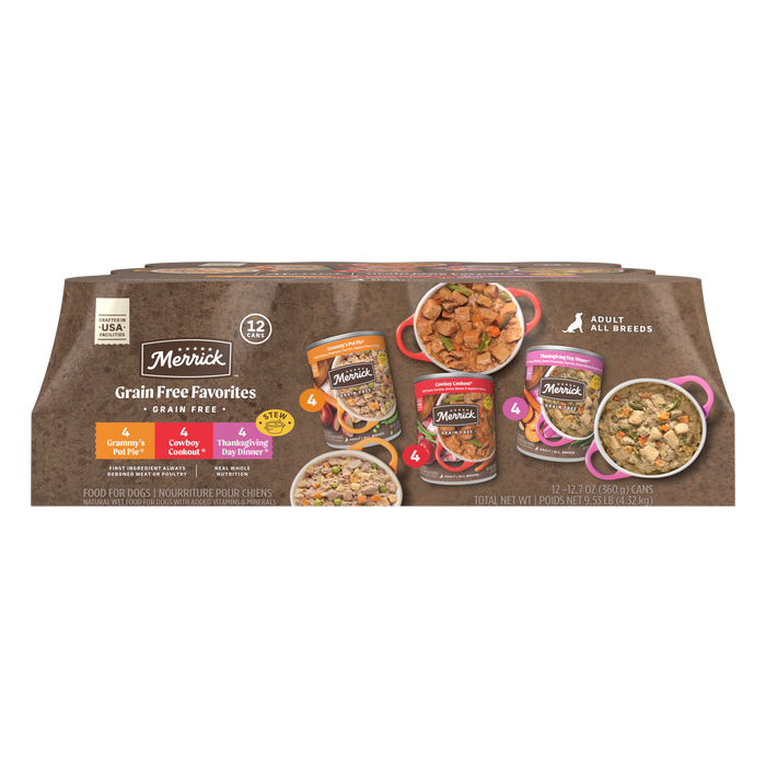 Merrick Grain Free Favorites 12 Can Variety Pack Wet Dog Food — manufacturer recipe packaging