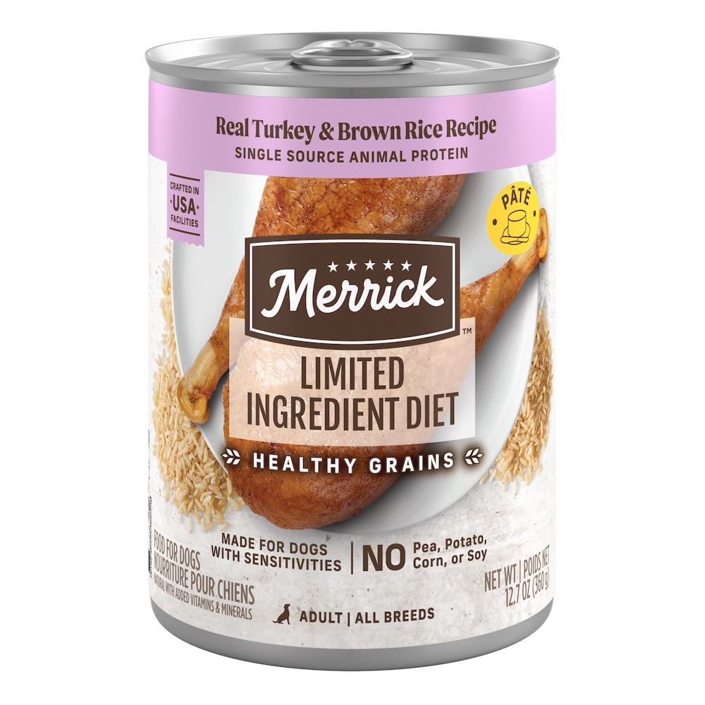 Merrick Limited Ingredient Diet With Healthy Grains Real Turkey & Brown Rice Recipe Wet Dog Food can packaging