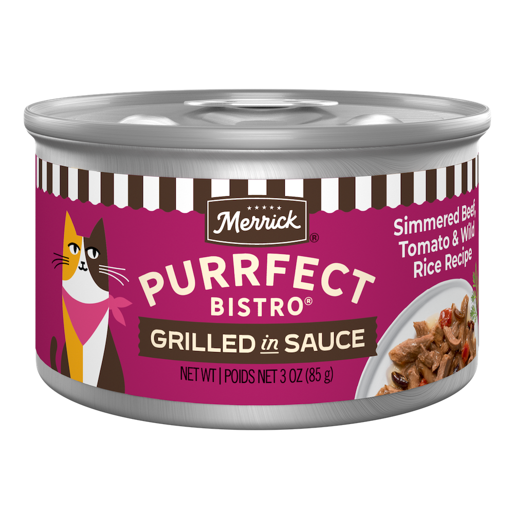 Merrick Purrfect Bistro Simmered Beef, Tomato and Wild Rice Grilled in Gravy Wet Cat Food can packaging