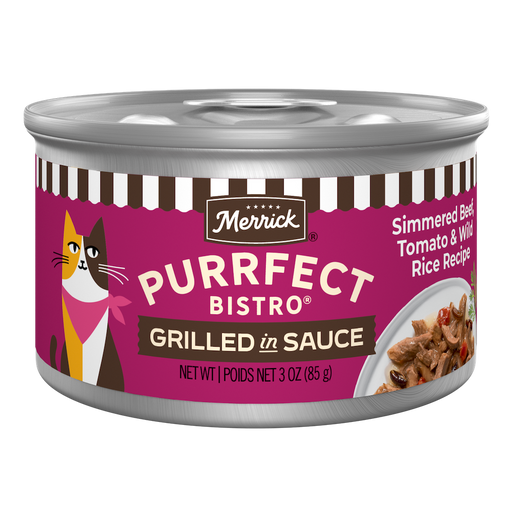 Merrick Purrfect Bistro Simmered Beef, Tomato and Wild Rice Grilled in Gravy Wet Cat Food can packaging