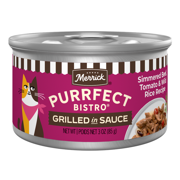 Merrick Purrfect Bistro Simmered Beef, Tomato and Wild Rice Grilled in Gravy Wet Cat Food can packaging