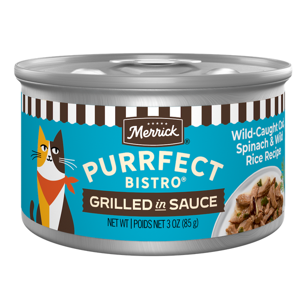 Merrick Purrfect Bistro Wild-Caught Cod, Spinach and Wild Rice Grilled in Gravy Wet Cat Food can packaging