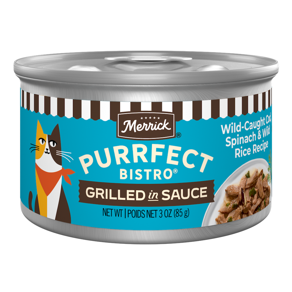 Merrick Purrfect Bistro Wild-Caught Cod, Spinach and Wild Rice Grilled in Gravy Wet Cat Food can packaging