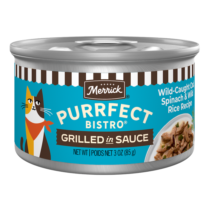 Merrick Purrfect Bistro Wild-Caught Cod, Spinach and Wild Rice Grilled in Gravy Wet Cat Food can packaging