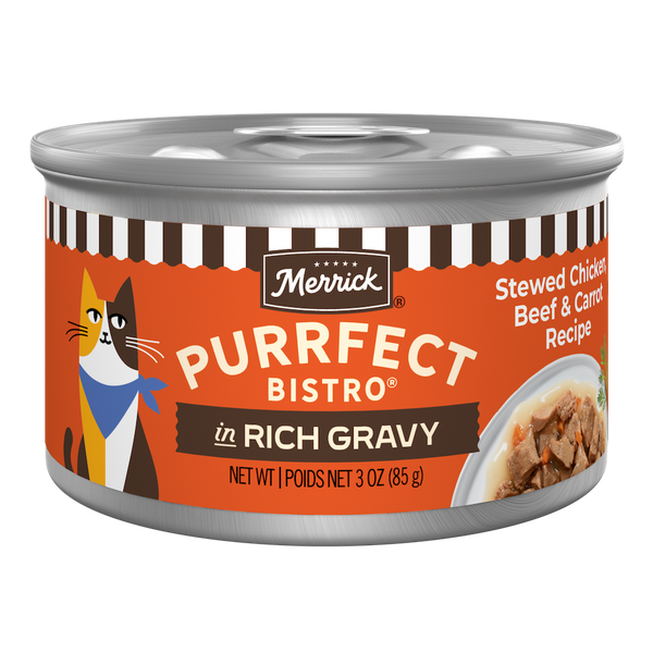 Merrick Purrfect Bistro Stewed Chicken, Beef and Carrot in Gravy Wet Cat Food can packaging